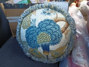 Rose Tree Summerton Jacobean Floral Plaid Round Fringe Boudoir Tambourine Pillow - Picture 1 of 6