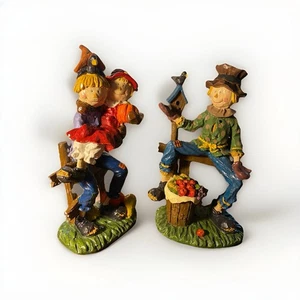 Lot of 2 Scarecrow Figures 10" Male and Female and Male on Fence with Apples - Picture 1 of 16