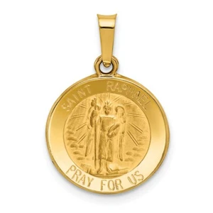 14K Yellow Gold Polished Saint Raphael "Pray For Us" Religious Medal Pendant - Picture 1 of 3