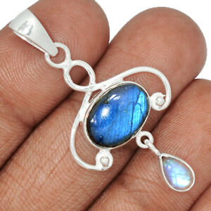 Treated Labradorite & Moonstone 925 Sterling Silver Pendant Jewelry CP25909
