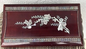 Vintage Wood Smoking Box Cherry Blossoms Inlayed Mother Of Pearl Missing Ashtray - Picture 1 of 10
