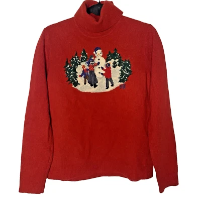 Vintage JONES NEW YORK Sweater 100% Wool Turtleneck Winter Snowman Womens L Red - Image 1 of 4