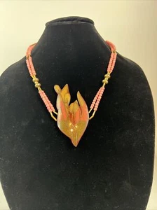 Vintage Artisan Pressed Sawdust Pendant Statement Necklace Unique Pink Tan - Picture 1 of 4