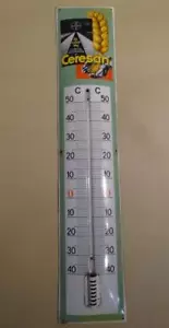 BAYER CERESAN METAL ENAMEL LITHO SIGN THERMOMETER 40"x8" MEDICAL DECOR 1950's - Picture 1 of 11