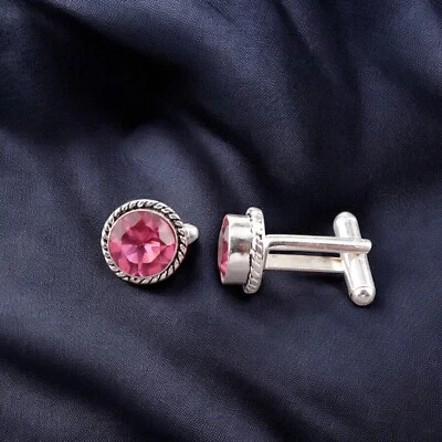 Pink Tourmaline Gemstone 925 Solid Silver Jewelry Cufflinks 0.51" For Engagement - Image 1 of 4