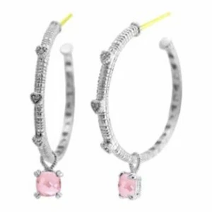Pre-Tariff Judith Ripka Silver &18k gold Pink Crystal pair of 30mm Hoop Earrings - Picture 1 of 6
