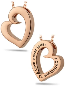 Solid 14K Rose Gold "Love Never Fails" Heart Necklace-1 Cor 13:8 - Picture 1 of 4