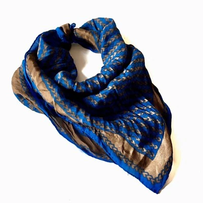 Pañuelo bufanda vintage de seda azul y marrón Anne Klein para Robinson & Golluber Foto 1 de 4