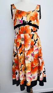 Bernie Dexter Dress Size M-L * Orange Floral Rockabilly Retro Cotton Pleats Bow - Picture 1 of 11