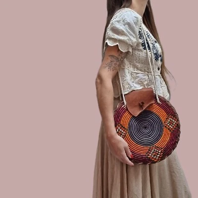 VINTAGE BUCKET BAG Woven Sisal Leather Pink Purple Hobo Boho Hippie Shopper Tote - Image 1 of 4