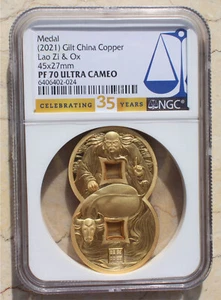 2021 NGC PF70 UC China Gilt Copper Medal - A Propitious Omen (Lao Zi & Ox) 紫气东来 - Picture 1 of 2