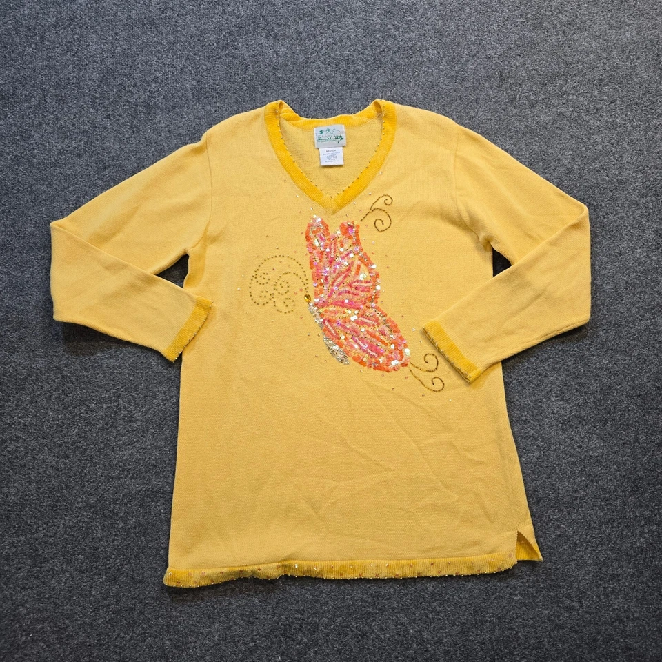 Quacker Factory Sweater Women Medium Yellow Butterfly Sequins Long Sleeve Casual - Image 1 of 4