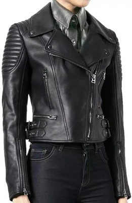 Cuero de cordero para mujeres Biker genuino Personaliza chaqueta casual Motorcycle Black Foto 1 de 4