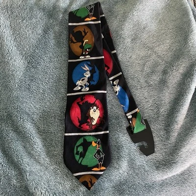 Looney Tunes 100% Silk Vintage Mens Neck Tie Bugs Bunny Taz 90s Style Vtg 1998 - Image 1 of 4
