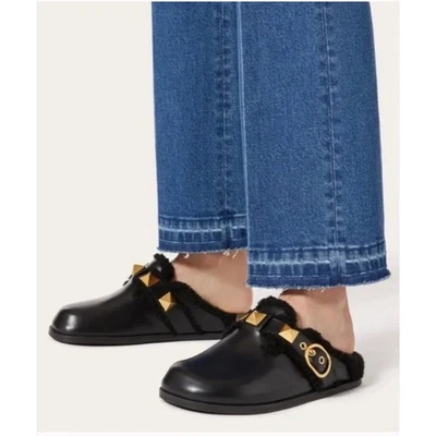 Valentino Garavani Roman Stud Shearling Mules in Black Size 37.5 - Image 1 of 4