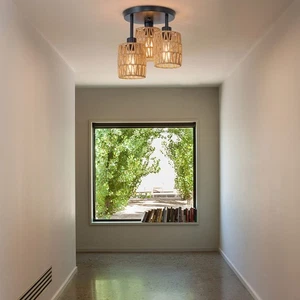 3-Light Rattan Pendant Lamp Flush Mount Ceiling Light Farmhouse Fixture - Picture 1 of 24