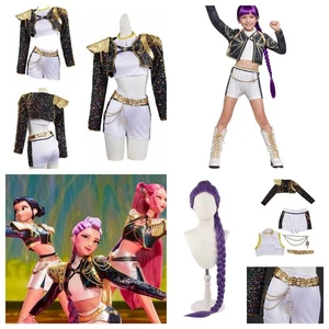 Rumi Kids Girls Black Gold Deluxe stage suit Cosplay Costume Demon Rumi Wig set - Picture 1 of 11