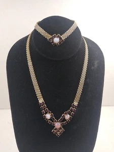 Vintage Faux Amethyst Feueropal Mesh Halskette und Armband Set goldfarben - Bild 1 von 10