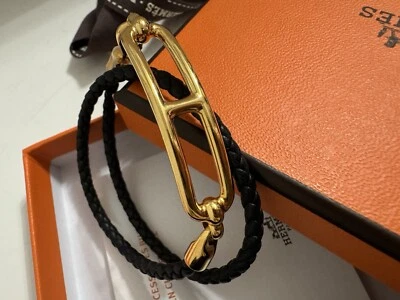 NUEVO HERMÈS Pulsera Doble Tour HW Roulis Cuero Negro con Oro, Talla T1 Foto 1 de 4