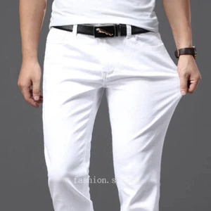 Hombres Pantalones de mezclilla blancos Moda Informales Estilo Clásico Calce Ajustado Suave Pantalones Nuevos - Imagen 1 de 25
