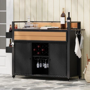 52.8"W Wicker Outdoor Grill Cart Rolling Kitchen Island with Storage Cabinet - Picture 1 of 24