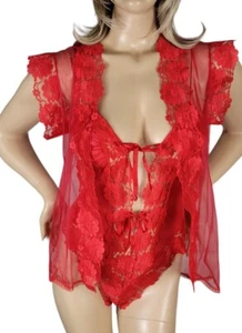 Vtg Alana Gale 2 Piece Red Sheer Nylon Chiffon Lace Teddy Lingerie & Robe Set S - Picture 1 of 24
