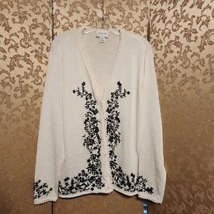 O Oscar de la Renta White Black Multi-Color Floral Cardigan Sweater Size 3X - Picture 1 of 9
