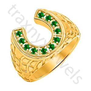 0.50 Ctw Lab Created Green Emerald 14K Yellow Gold Over Horseshoe Men's Ring
