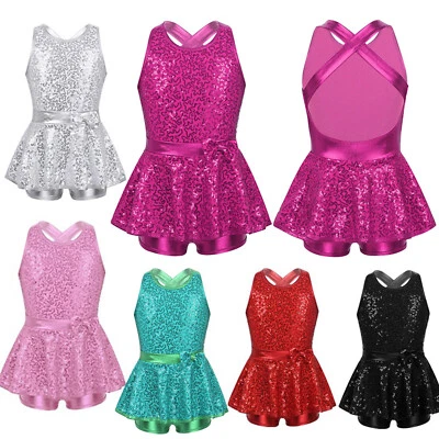 UK Kids Girls Shiny Sequins Dance Dress Gymnastic Leotards Dancewear Costume - Image 1 of 4