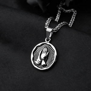316L Stainless Steel Serenity Prayer Praying Hands Coin Medal Pendant Necklace