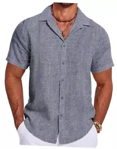 Mens Cuban Guayabera Shirts Summer Beach Shirts Short Sleeve Large Navy Blue - Picture 1 of 6