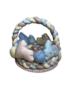 Vintage Easter Basket Pastel Fabric Braided with Rabbits & Eggs - Picture 1 of 6