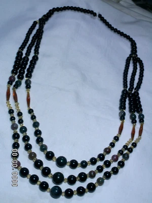 Vintage 27 " Lungo 3-strand Onice,Diaspro & Vetro Collana Perle,Argento Chiusura - Immagine 1 di 4