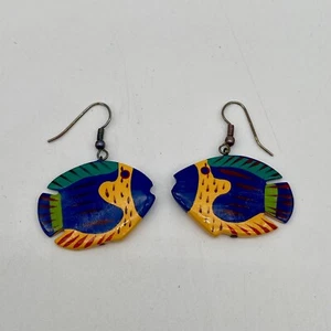 VTG Wood Hand Carved Painted Colorful Angel Parrot Fish Dangle Pierced Earrings - Picture 1 of 3