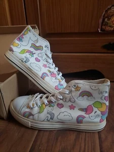 Women's size 8 high top sneakers, pastel cute unicorn fantasy shoes, gently used - Picture 1 of 5
