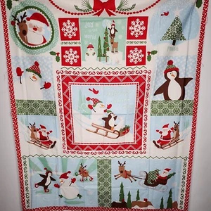 Joy Santa Penguins Winter Christmas Sled Kate Spain Moda Fabric Panel Cotton - Picture 1 of 6
