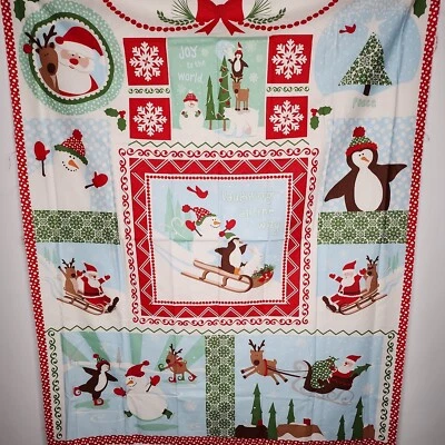 Joy Santa Penguins Winter Christmas Sled Kate Spain Moda Fabric Panel Cotton - Image 1 of 4