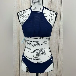 Cupshe Navy Blue Bikini Set Size Small Strappy High Neck Halter Cheeky Gal - Picture 1 of 13