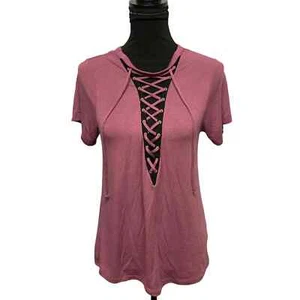 Express XS Mauve Pink Top Lace Up Gromet Shirt Edgy Short Sleeves Punk V Neck - Imagen 1 de 11