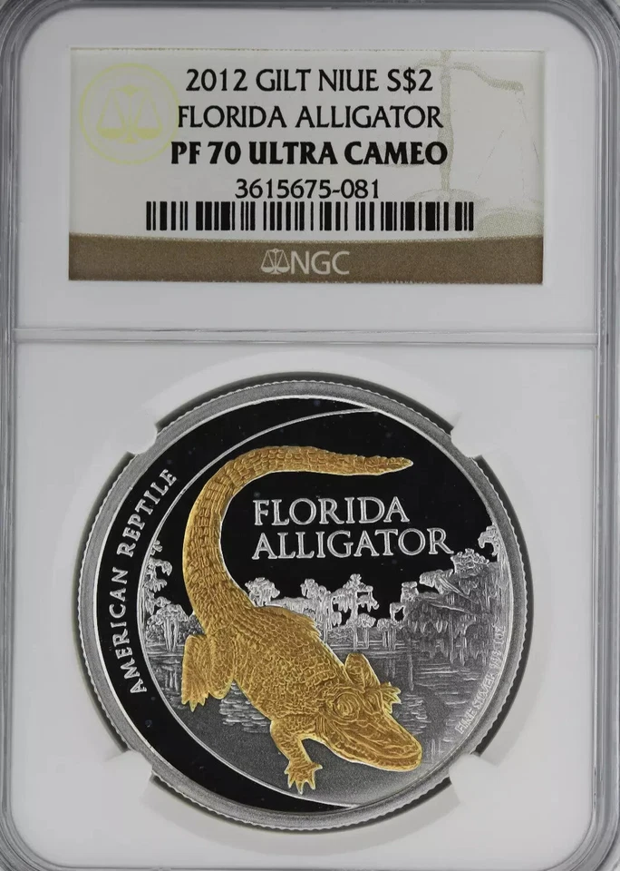 2012 Florida Alliga Niue $2 crocodile Gilt Gilded 999 Silver 1oz NGC PF 70 Proof - Image 1 of 1