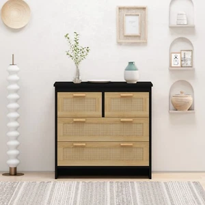4-Drawer Rattan Cabinet for Bedroom, Living Room, Easy Assembly - Black - Picture 1 of 8
