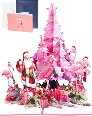 3D Pop Up Christmas Cards - Cute Santa Flamingo Xmas Pink Tree Greeting Cards wi - Image 1 of 4