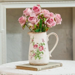 Vintage Rose Flora Keramik Vase mit Henkel, Retro Eisglasur Riss Bauernhaus... - Bild 1 von 7