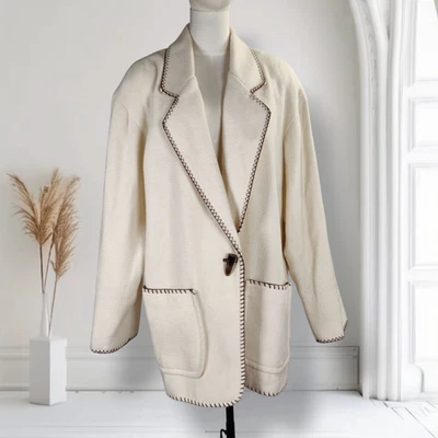 French Country Wool Blend Jacket Small Ivory Whipstitch Trim Korea Lined Vintage - Image 1 of 4