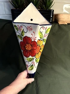 Ceramic Cone Shaped Wall Planter Hanging Pot Hand Painted Floral Made In Spain - Picture 1 of 6