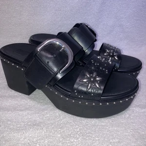Fitflop Black Leather Pilar Flower Stud Platform Slide Clogs Size 7 NWOB - Picture 1 of 8