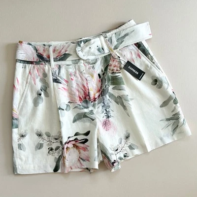 Express Linen Blend White Floral Protea High-Waisted Belted Shorts NWT - Image 1 of 4
