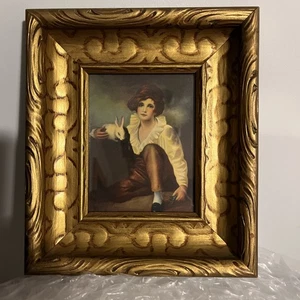 1960’s Vintage Art Girl Holding Rabbit Gold Framed 7” X 8” - Picture 1 of 2