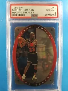 1996-97 SPx MICHAEL JORDAN #R1 PSA 8 RECORD BREAKER CHICAGO BULLS OLOGRAMMA - Foto 1 di 2