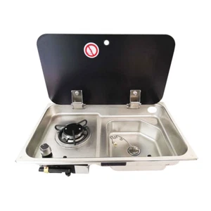 NEW Boat RV Caravan Burner Stainless Sink Hob Sink Combo w/ Glass Lid Black USA - Imagen 1 de 14